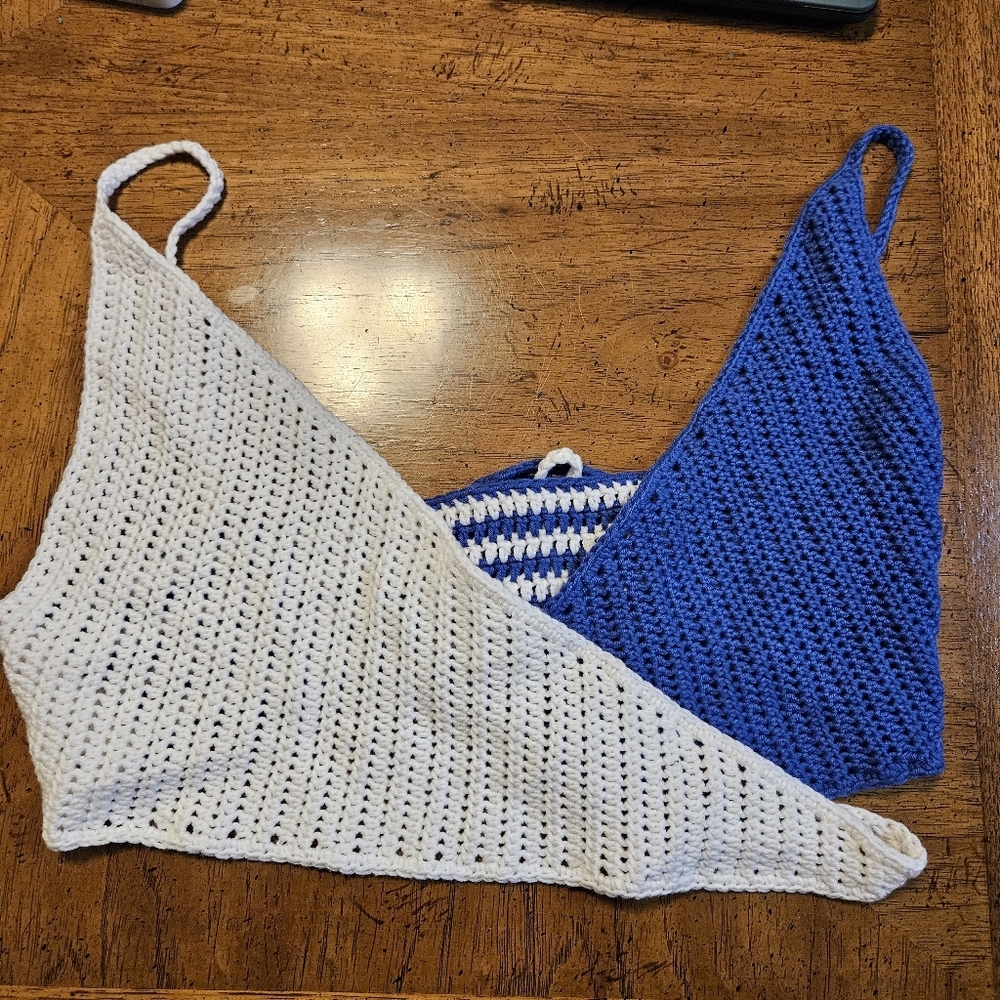 Handmade Wrap Crop Cami Tank Blue White Crochet